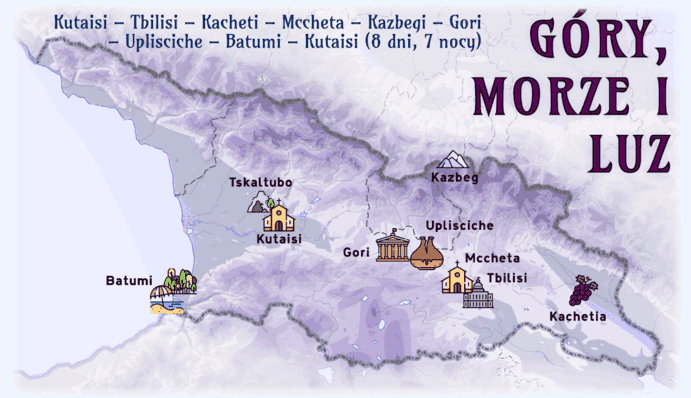 Mapa wycieczki po Gruzji Góry, morze i luz, Magiczny Kaukaz