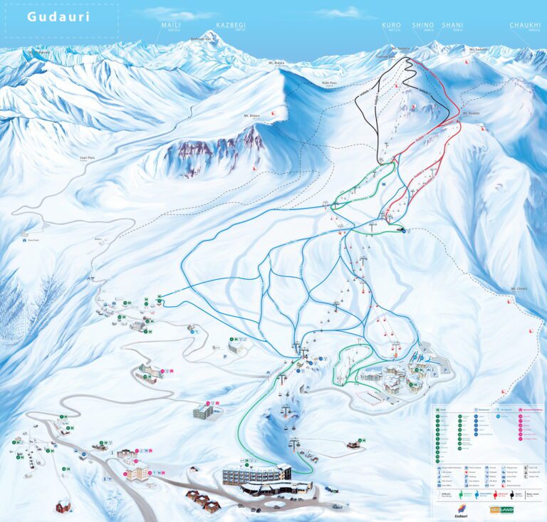 Mapa/panorama stoków narciarskich, hoteli i innych informacji w Gudauri, Gruzja