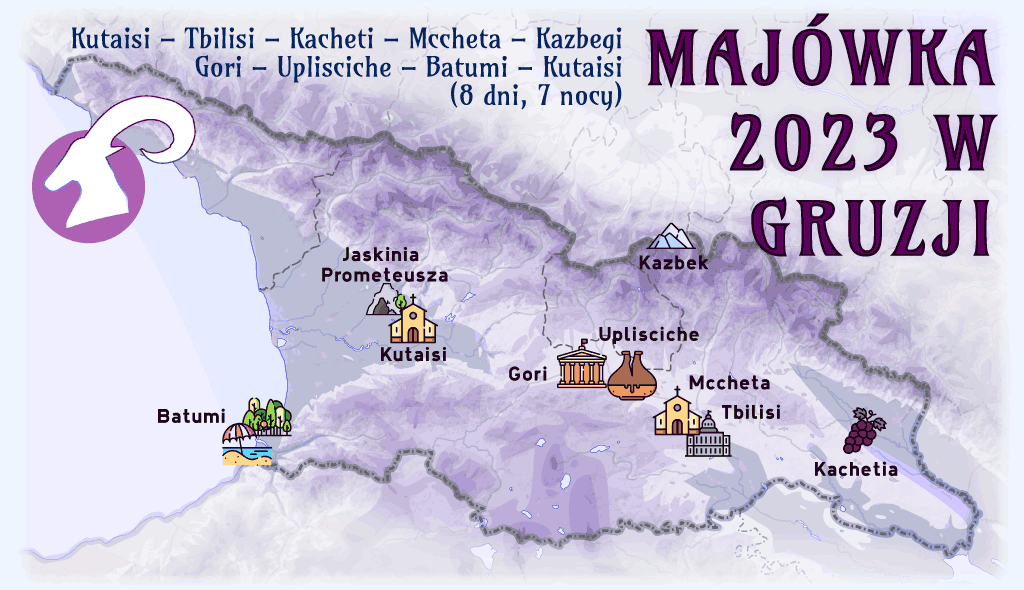 Mapa wycieczki Majówka 2023 w Gruzji biura Magiczny Kaukaz z wszystkimi atrakcjami i zabytkami na trasie