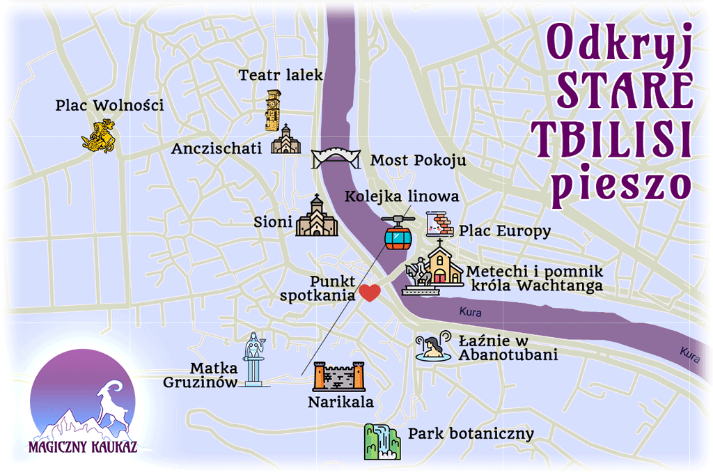 Mapa z głównymi zabytkami i atrakcjami w starym mieście Tbilisi, Gruzja, których zobaczysz w ciągu wycieczki "Odkryj stary Tbilisi pieszo" biuro Magiczny Kaukaz