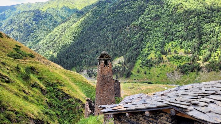 Kaukaska wieża obronna i dom kamienny na tle zielonego lasu i gór, Tuszetia, Gruzja